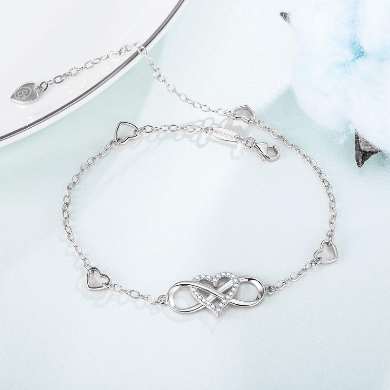 BlingGem سوار كاحل قلب لانهائي من بلينغ جيم للنساء مطلي بالذهب الأبيض عيار 18 من الفضة الاسترلينية 925 مع زركونيا مكعبة، قابل للتعديل، 10.8 بوصة - Image 3